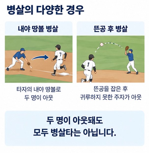 두 명이 아웃돼도 모든 상황이 병살타는 아니라는 점을 뜬공 병살과 비교해 설명하는 이미지