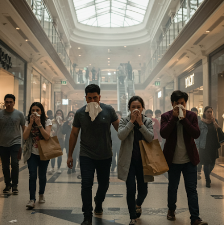 쇼핑몰에서 유독가스를 피해 입과 코를 막고 이동하는 시민들