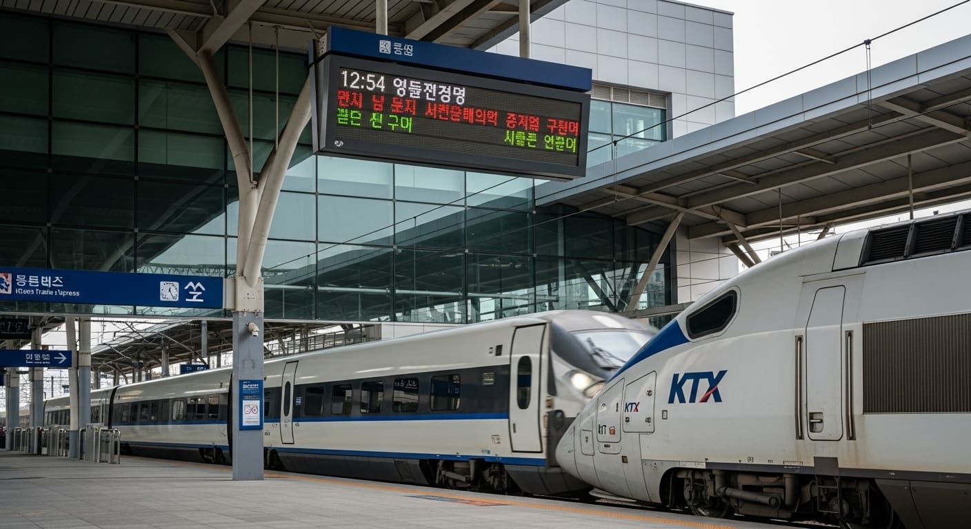 대형 유리 건물 앞에 정차한 KTX 열차와 승강장 안내판