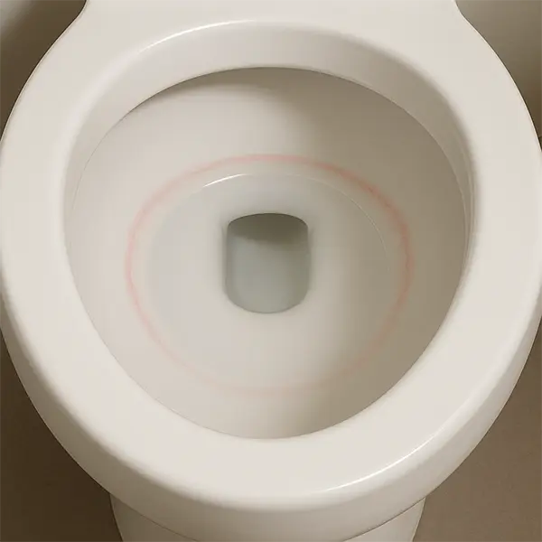 양변기 변좌안 봉수면을 따라 분홍색 얼룩이 생긴 모습