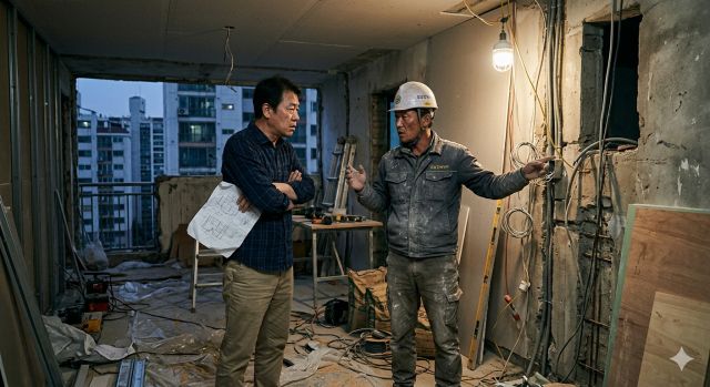 인테리어 공사 분쟁 상황에서 시공업체와 고객이 문제를 논의하는 장면