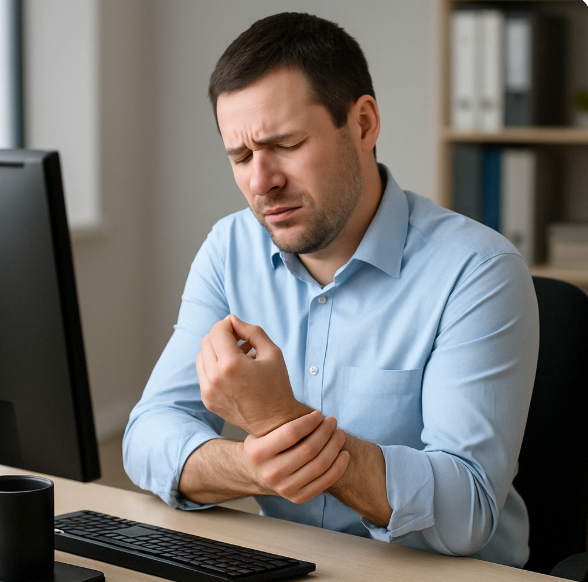 책상에서 손목을 지그시 누르며 통증을 느끼는 직장 남성의 모습