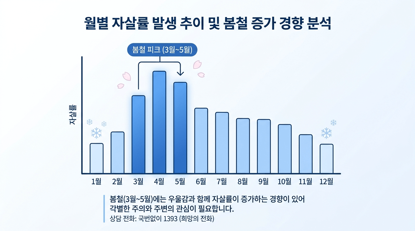 스프링 피크 봄철 자살률 증가 추이를 보여주는 그래프 스타일 인포그래픽