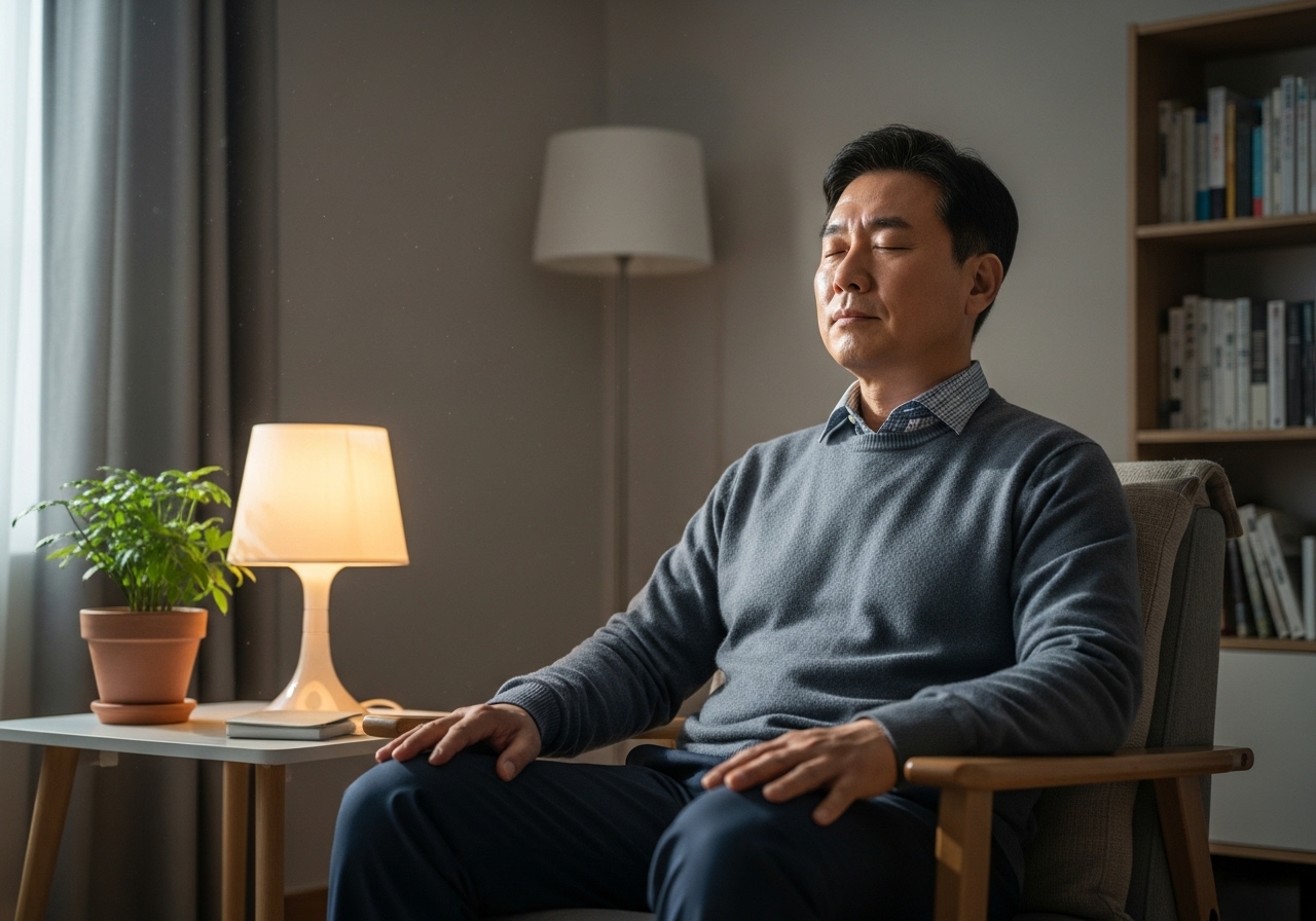 50대 남성이 거실에서 호흡 명상