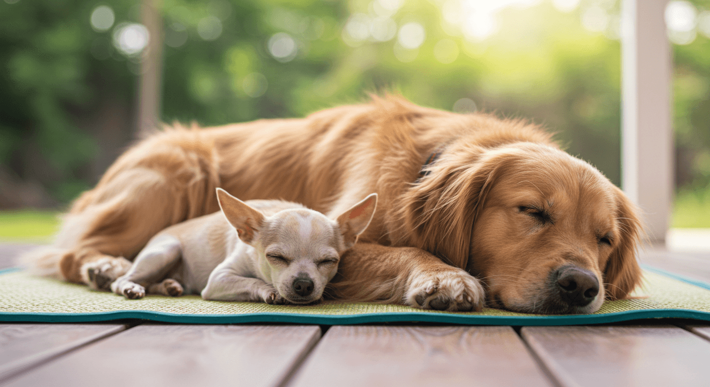 여름철 실내의 쿨매트에서 평화롭게 자는 댕댕이들