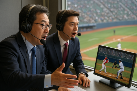 중계 부스 안에서 해설위원과 캐스터가 해설중인 모습