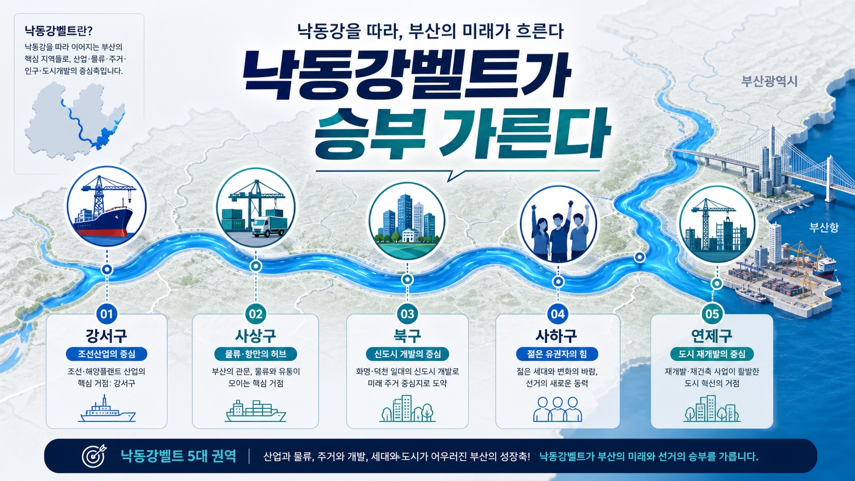 부산 낙동강벨트 5개 구 승부처 강서 사상 북구 사하 연제