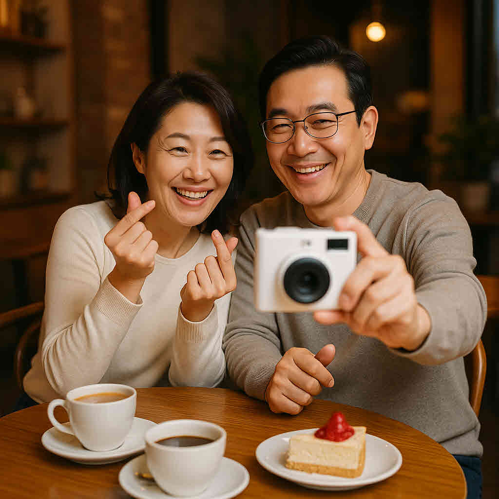 폴라로이드로 사진을 찍는 중년 부부