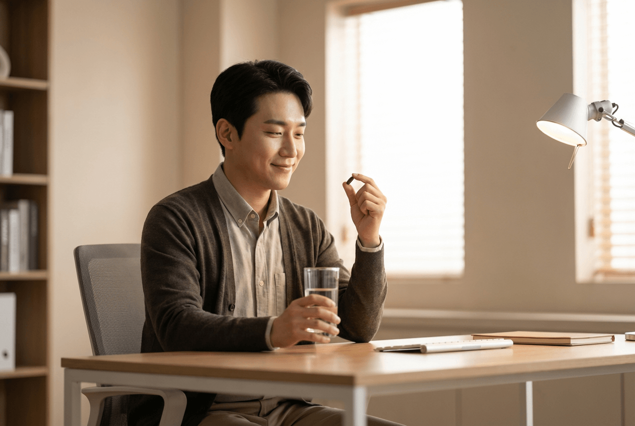 한국인 성인이 물 한 컵과 함께 마그네슘&middot;비타민B6 영양제를 편안하게 섭취하는 장면