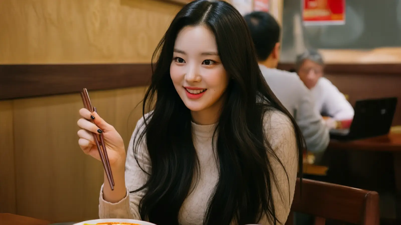 중국 식당에서 식사하는 여성