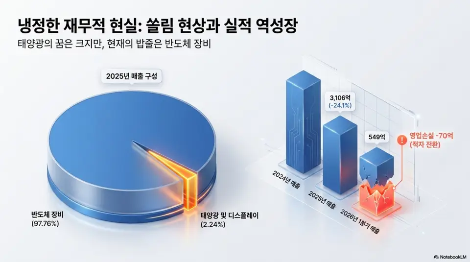 주성엔지니어링 주가 전망: 주성엔지니어링의 매출 구성과 실적 역성장을 보여주는 인포그래픽. 왼쪽 원형 차트에서 2025년 매출의 97.76퍼센트가 반도체 장비이고 태양광 및 디스플레이가 2.24퍼센트에 불과한 쏠림 현상이 나타나 있다. 오른쪽 막대 차트에서는 2024년 매출에서 2025년 3106억원으로 24.1퍼센트 감소한 뒤 2026년 1분기 549억원에 영업손실 마이너스 70억원으로 적자 전환한 추이가 표시되어 있다