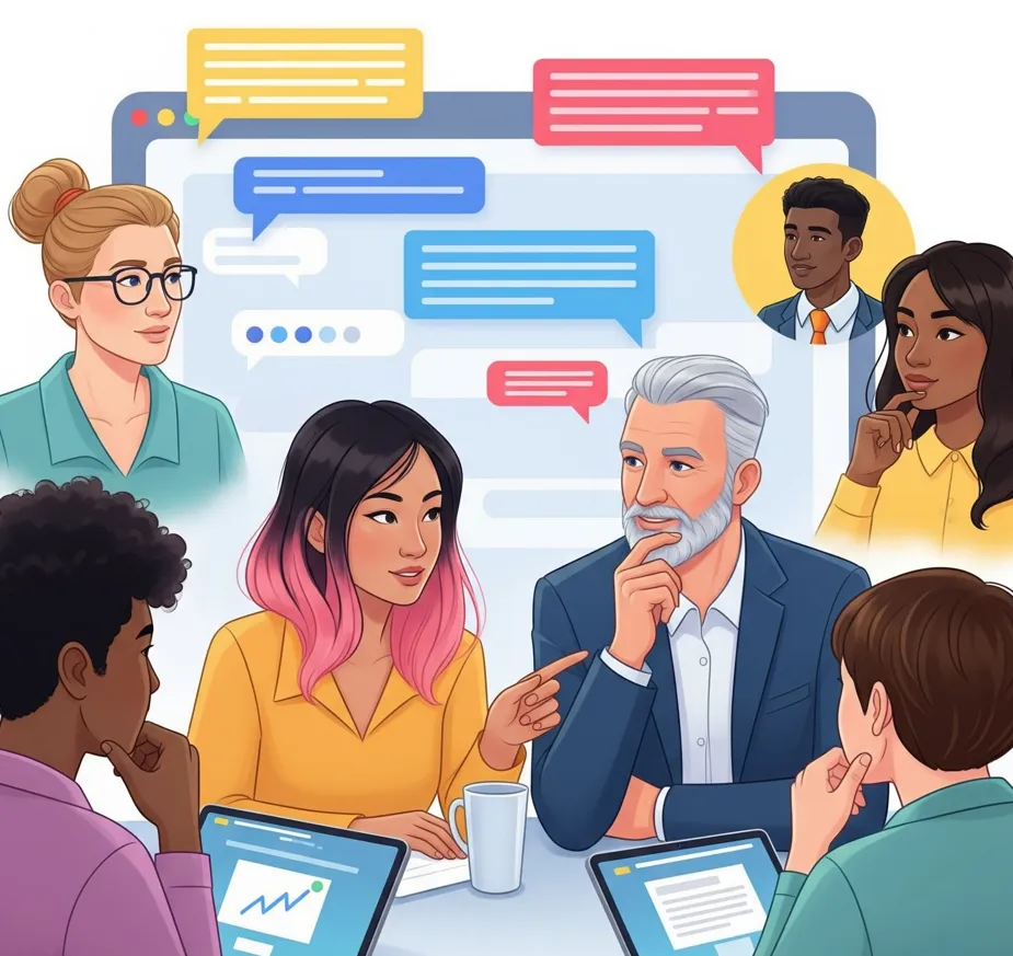 온라인 채팅창을 배경으로 다양한 연령과 성별의 사람들이 모여 대화하고 생각하는 모습
