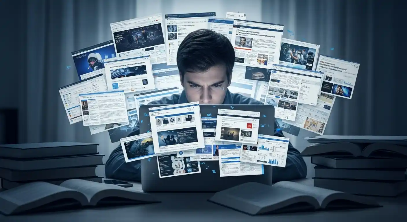 <img src="information_overload_and_inefficient_webpage_analysis.webp" alt="정보 과잉 속에서 인간이 수많은 웹페이지를 비교 분석하며 지식을 탐색하는 비효율적인 현실과 그 속에서 집중하는 모습을 표현한 이미지 입니다">