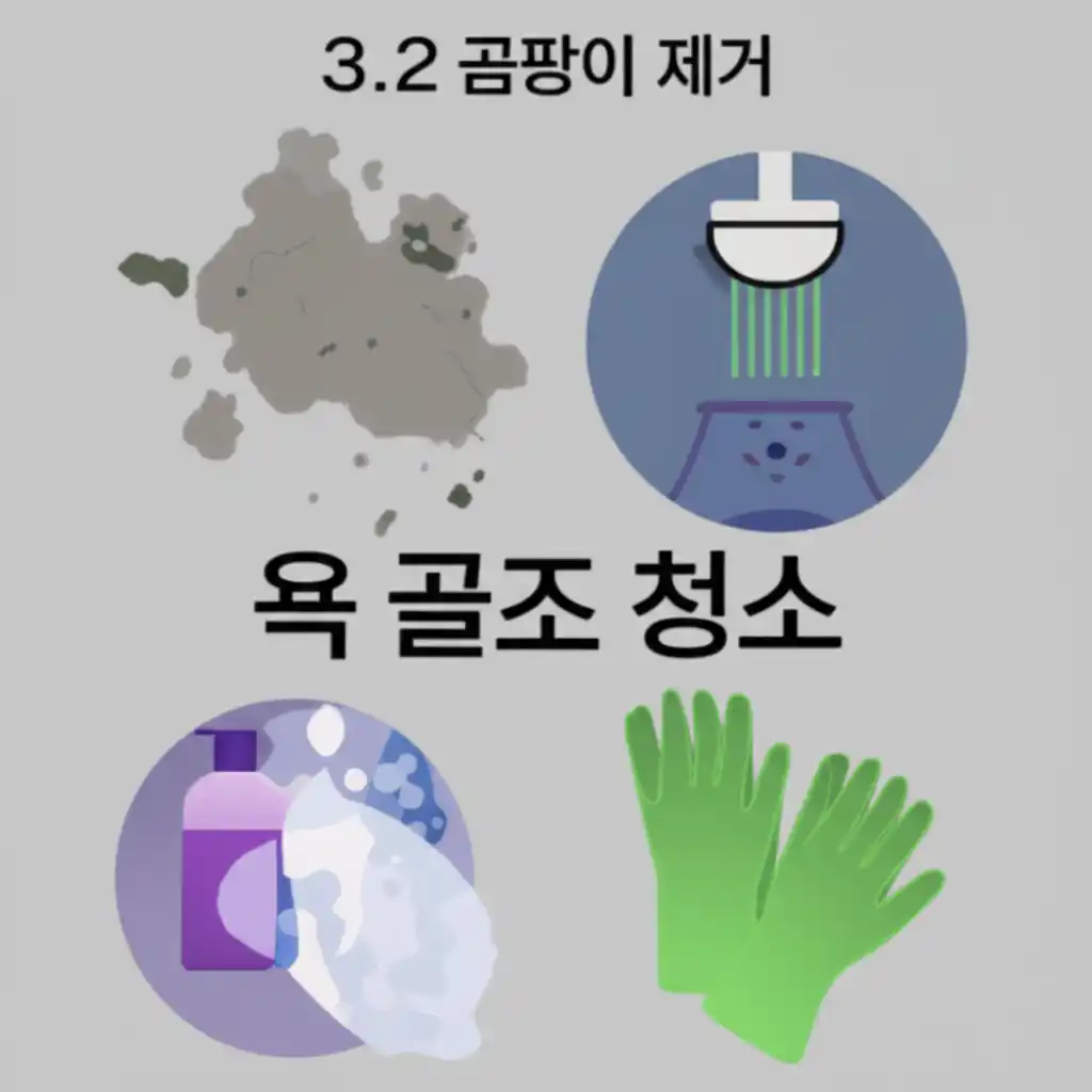 욕조 청소를 위해 곰팡이 핀 타일 틈새를 솔로 문질러 제거하는 모습.