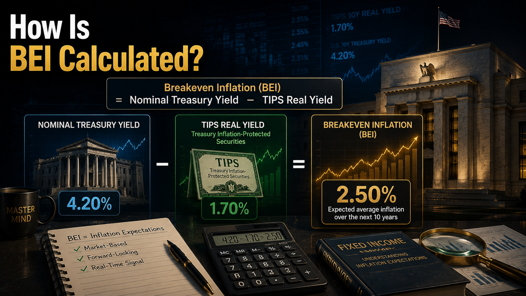 Diagram showing the calculation of Breakeven Inflation using nominal Treasury yields and TIPS real yields.