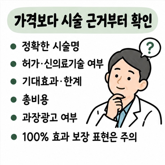 정확한 시술명과 허가 여부, 기대효과, 총비용, 과장광고 여부를 확인하는 체크리스트 카드