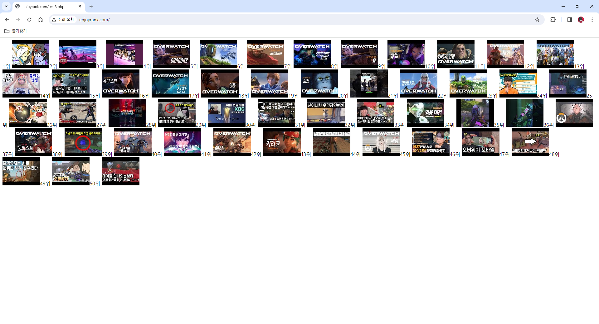 유튜브 조회수 많은 순위로 뽑아본 PHP 테스트 화면