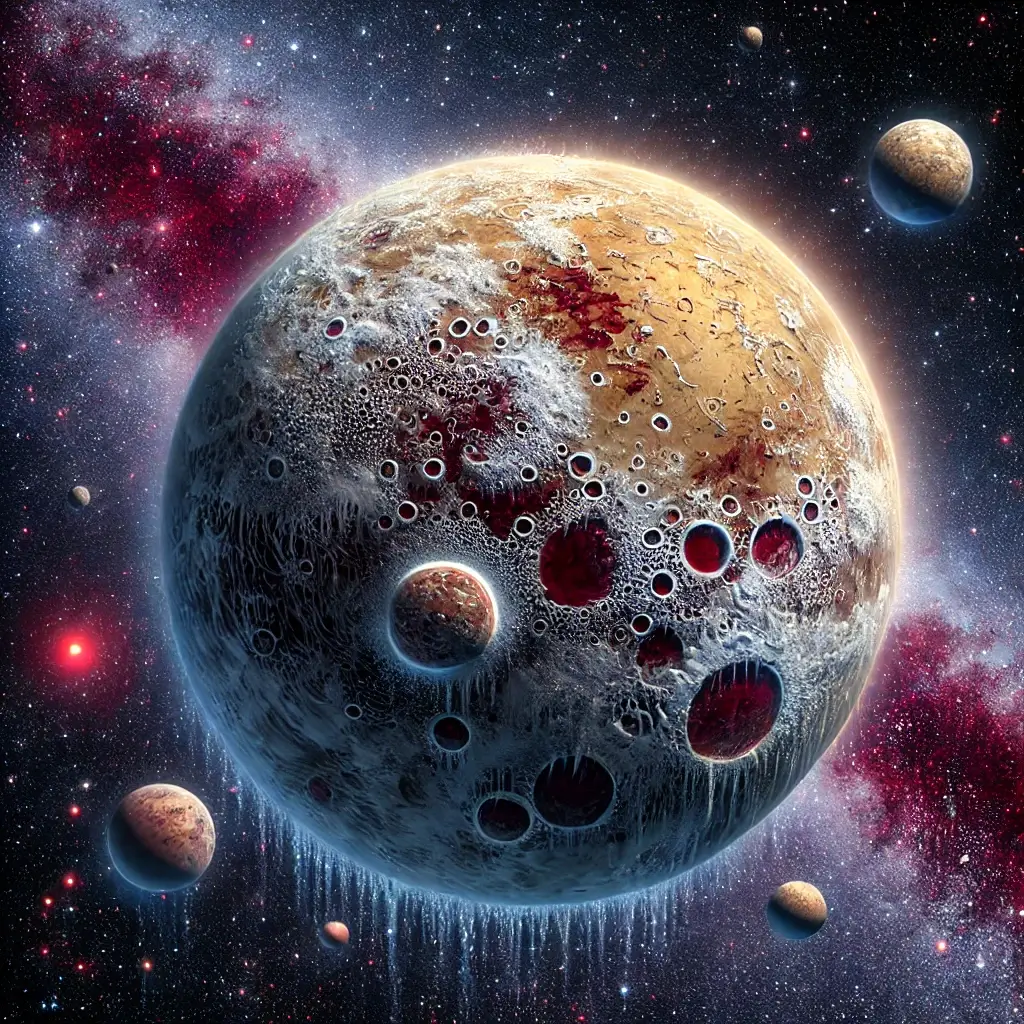 트라피스트-1 행성에 관한 이미지 차가운 기운과 걸맞는 하얀색의 얼음으로 뒤덮여 있는 큰 행성 이미지가 가온데 있고 뒤로는 은하와 수많은 별들이 보이는 우주가 펼쳐져 있다.