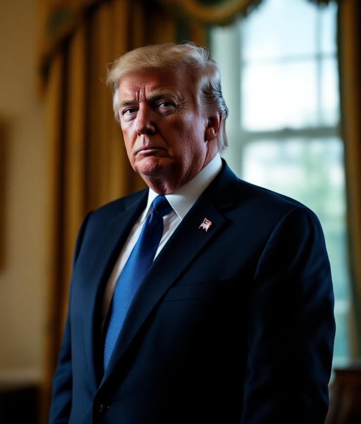 정장 차림에 파란색 넥타이를 매고 있는 도널드 트럼프 전 미국 대통령의 초상 사진. 그는 진지한 표정으로 오른쪽을 바라보고 있으며, 뒷배경은 흐릿하게 처리되어 있다. 사진은 자연광이 비치는 방 안에서 촬영되었으며, 그의 오른쪽 가슴에는 미국 국기가 달려 있다. 트럼프는 긴장된 모습으로, 관료적이고 강력한 이미지를 연출하고 있다