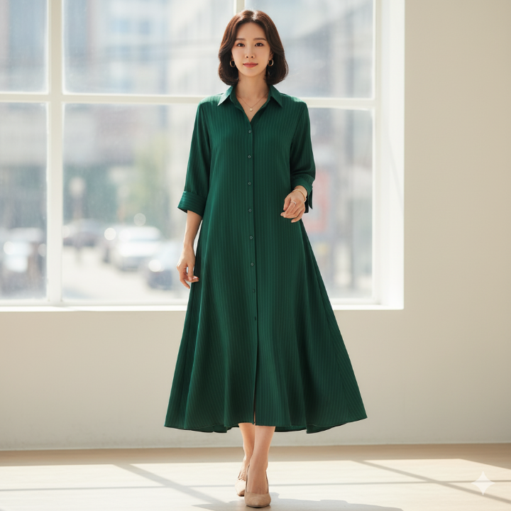 A라인 셔츠 롱 원피스를 입고 우아하게 서 있는 40대 여성 모델