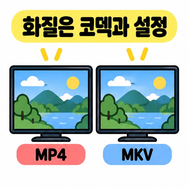 화질은 코덱과 설정이라는 문구 아래 MP4와 MKV로 표시된 두 모니터에 동일하게 선명한 풍경을 보여주는 그림