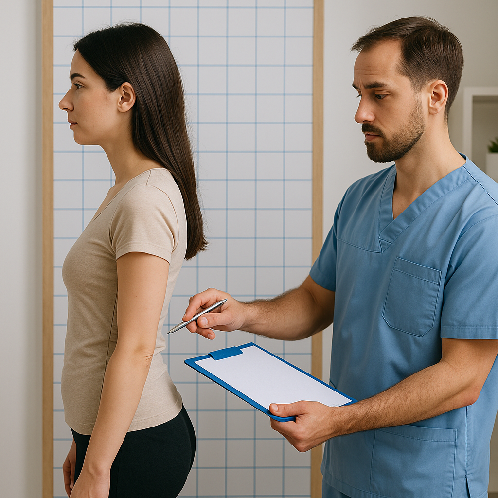 한의사가 체형 분석 격자판 앞에서 여성 환자의 거북목과 골반 틀어짐을 진단하는 모습