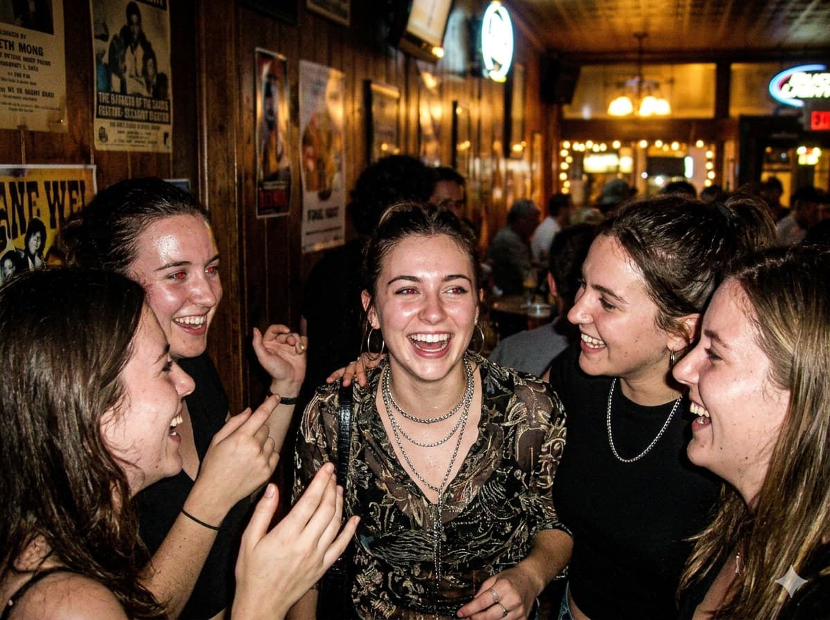 어두운 실내에서 강한 카메라 플래시를 사용해 촬영한 레트로한 분위기의 인물 스냅 사진으로 거친 노이즈와 강한 대비가 특징.