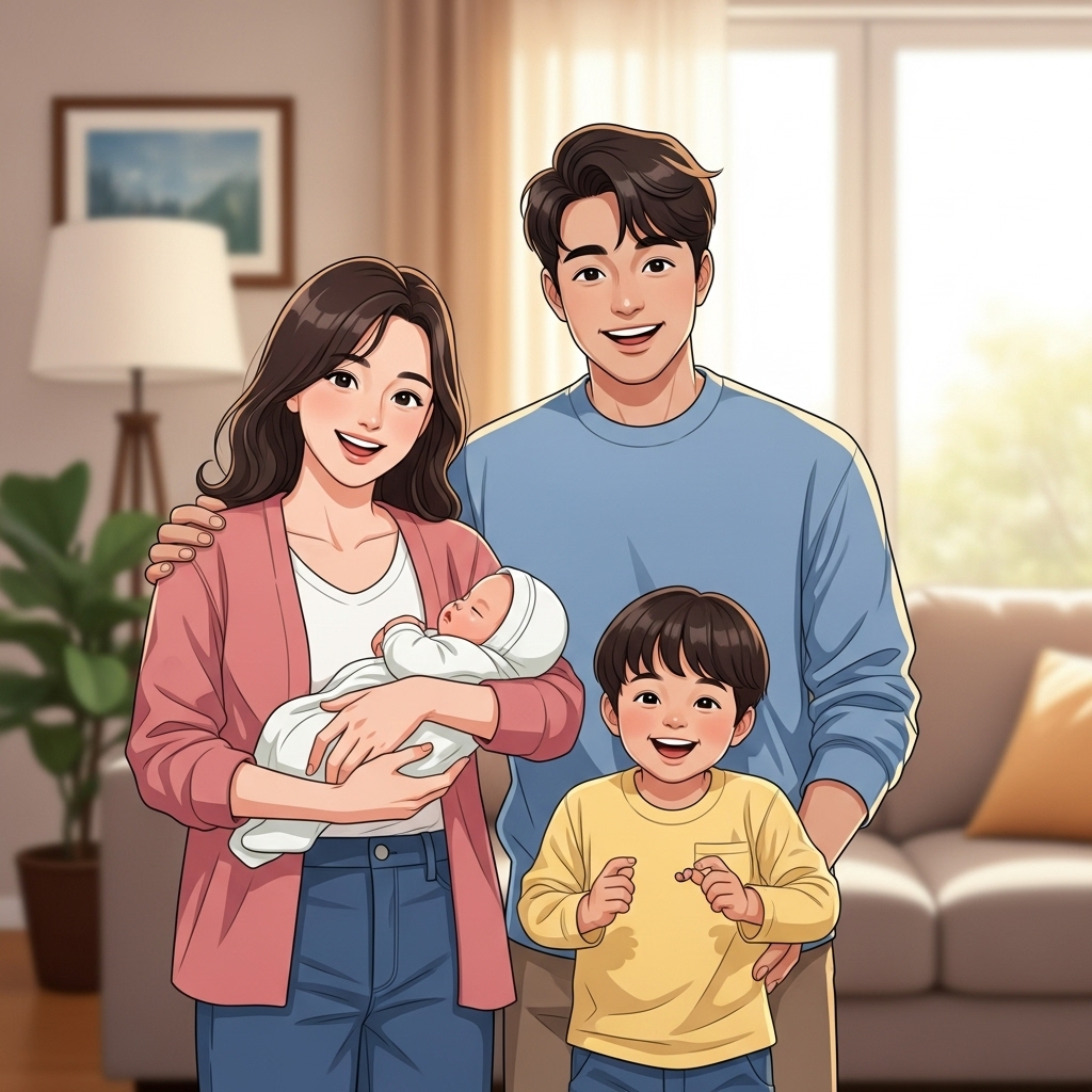 행복하게 웃고 있는 부모와 두 자녀, 정부의 출산육아지원금을 상징하는 따뜻하고 안정적인 가정의 모습
