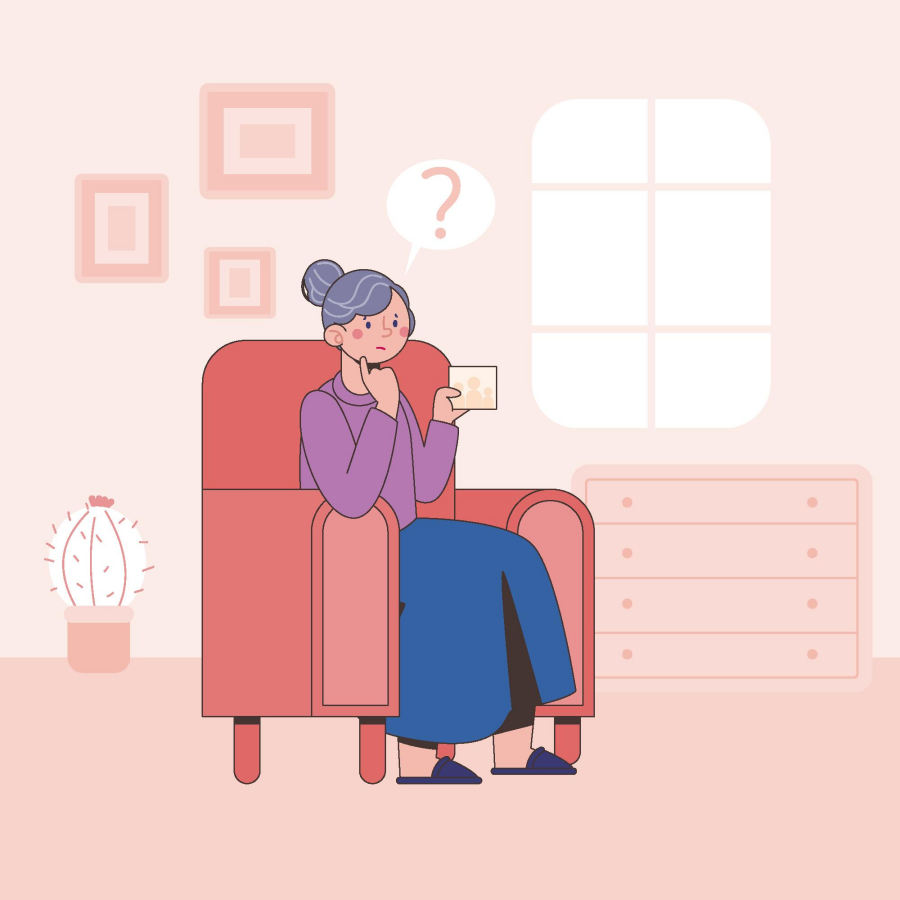 집중력 저하와 기억력 혼란을 느끼는 중년 여성 일러스트, 갱년기 인지 변화 이미지