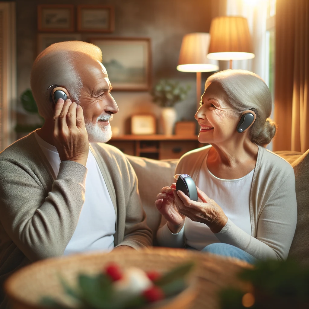 청력 보조기 사용하는 노부부의 모습