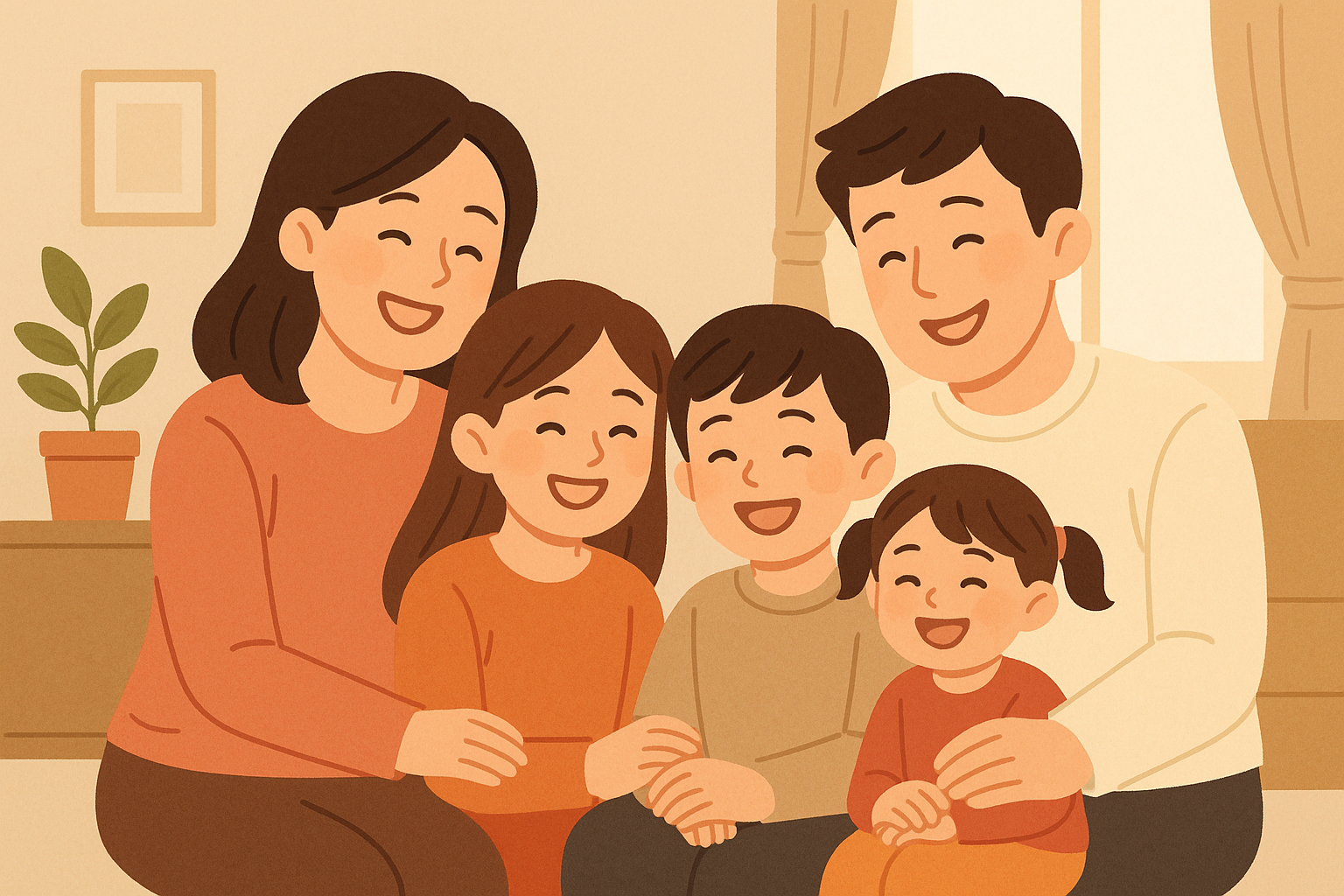 다자녀 가구의 따뜻한 가족 일러스트, 부모와 세 자녀가 함께 웃으며 포근한 시간을 보내는 장면