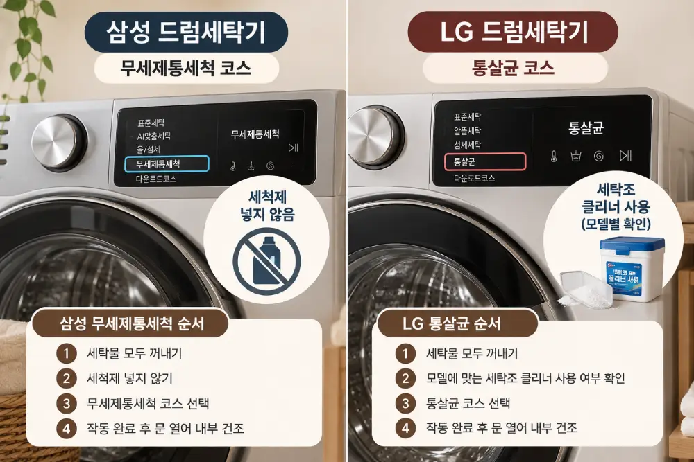삼성 드럼세탁기의 무세제통세척과 LG 드럼세탁기의 통살균 방법을 비교한 안내 이미지. 세탁물 제거, 세척제 사용 여부 확인, 전용 코스 실행, 세탁통 건조 순서를 설명함.