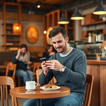 커피샵에서 양손으로 핸드폰 잡고 보고있음 테이블에는 커피잔과 빵 보임