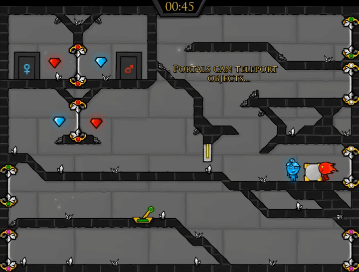 2인용-물불게임-크리스탈템플-플레이-네모-돌을-이용해서-노란색-버튼을-누르고-막혀있는-문을-오픈하는-화면