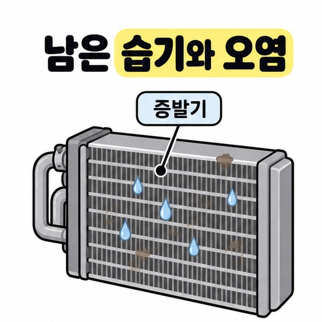 남은 습기와 오염 문구 아래 증발기 표면에 물방울과 먼지 흔적이 표시된 모습