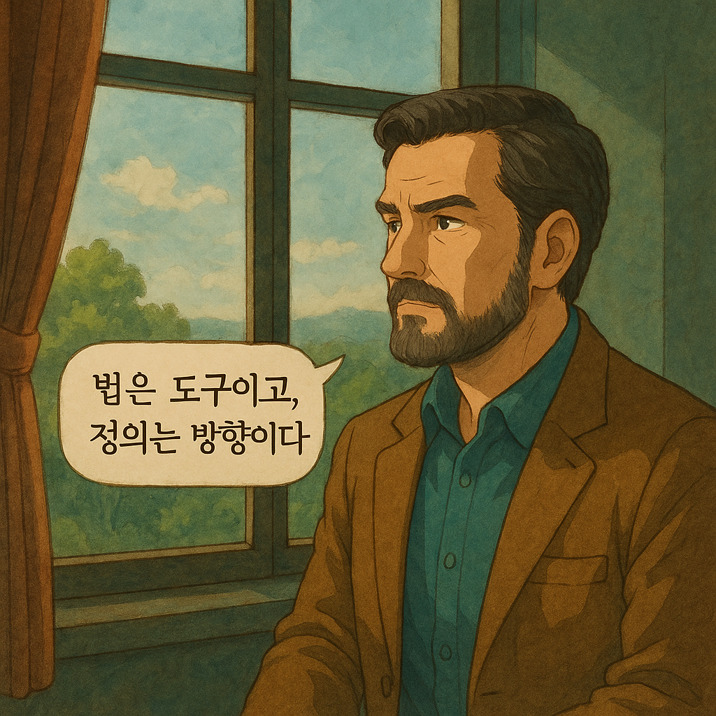 창밖을 보며 “법은 도구이고, 정의는 방향이다”라고 말하는 남자
