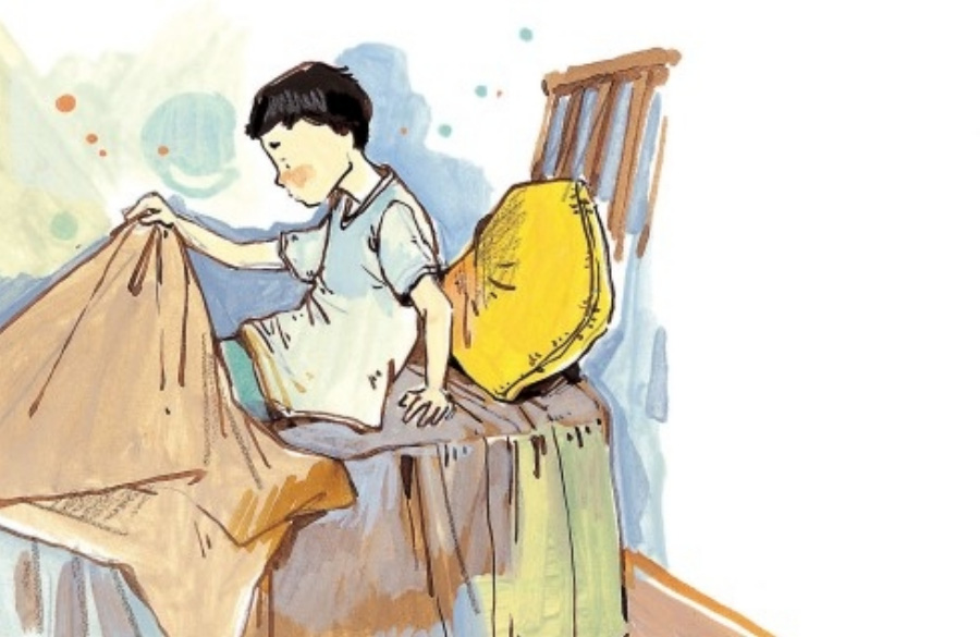 어린 아이가 침대에 앉아서 덮고 있던 이불을 들어 올려, 밤새 몽정을 한 것을 걱정스럽게 보고 있는 것을 그린 그림 사진