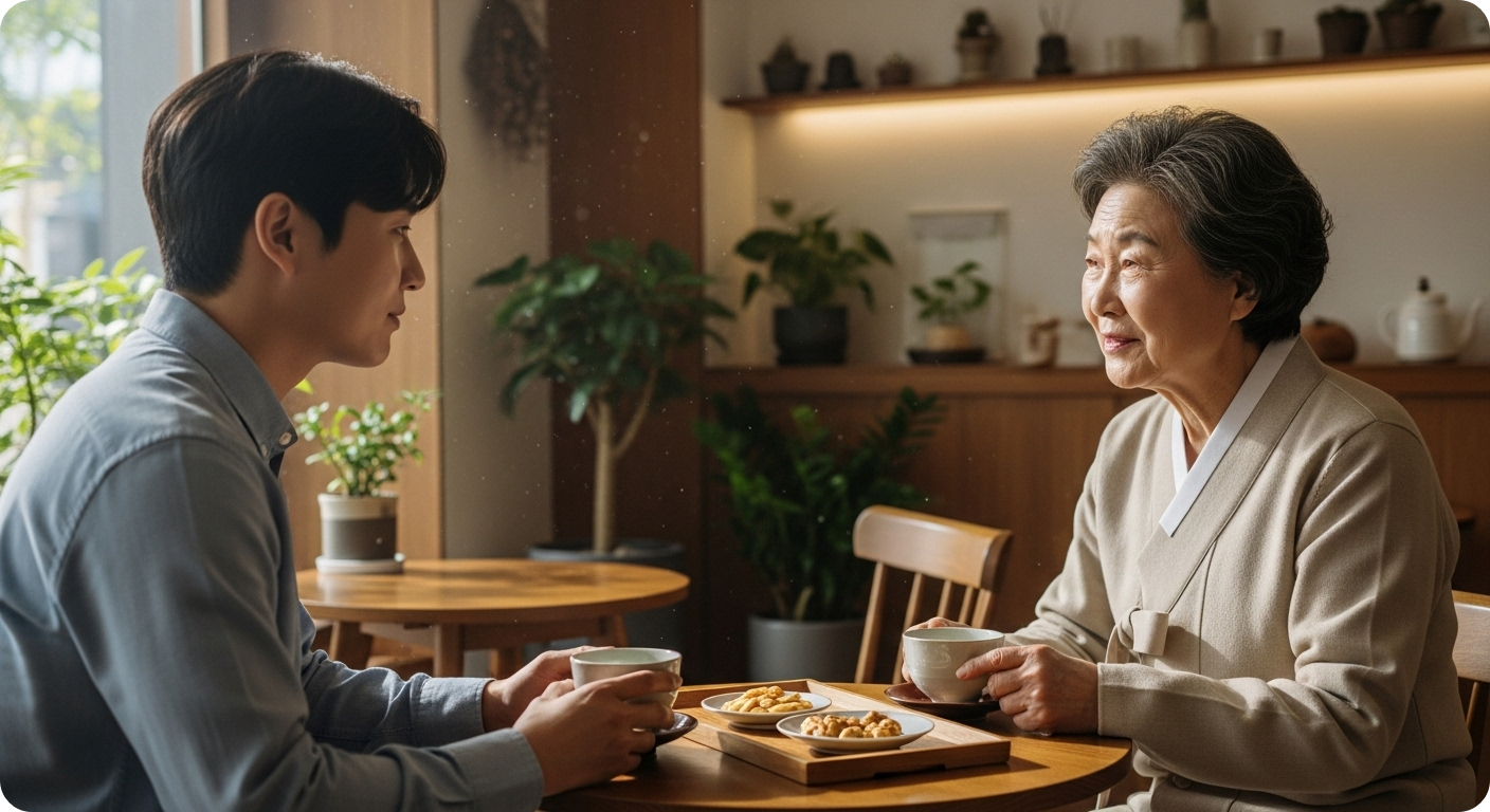 눌삼재 시기 돈독한 인간관계와 조언을 상징하는, 따뜻한 차를 마시며 대화하는 한국인 두 명