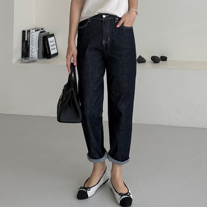 밴딩 여성기모청바지 생지데님 키작녀청바지 배기핏 블랙진