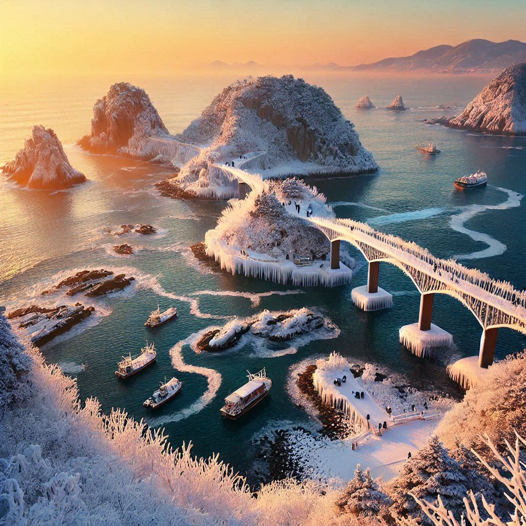 Ранняя зимняя сцена на Осеосане, западное побережье провинции Чхунчхон