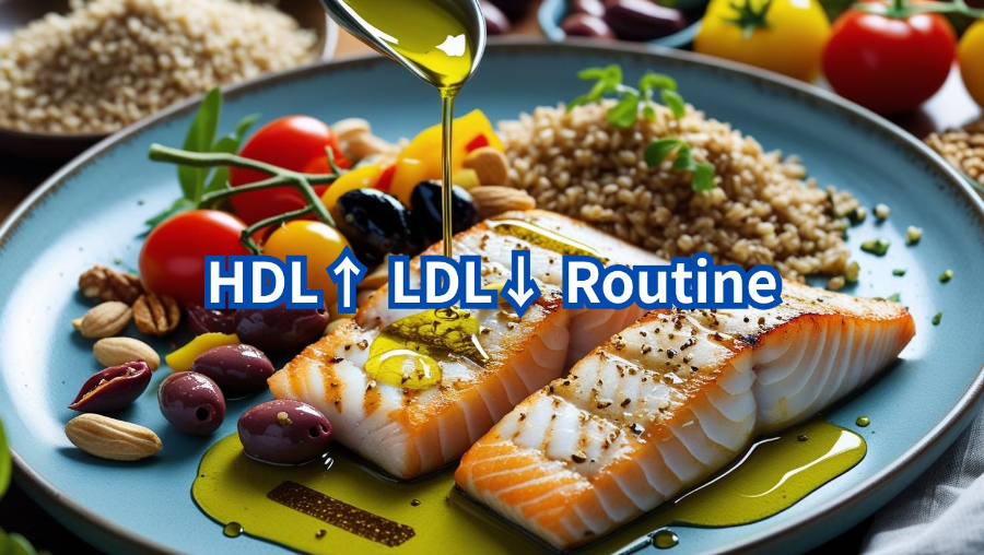 &ldquo;올리브오일&middot;등푸른생선&middot;견과&middot;채소&middot;통곡으로 구성된 지중해식 접시를 위에서 찍은 사진.&rdquo;