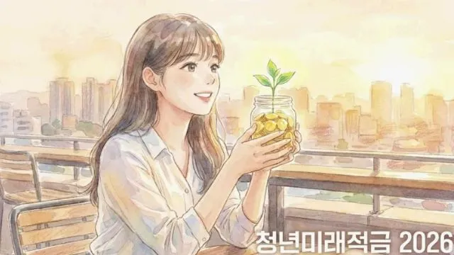 대체 텍스트 (ALT 태그): 2026년 청년미래적금을 통해 목돈을 마련하고 재테크 성공을 꿈꾸는 청년의 희망찬 모습을 담은 수채화 일러스트입니다. 따뜻한 도시 일몰을 배경으로 테라스에 앉아 동전과 식물 새싹이 담긴 유리병을 소중히 들고 웃고 있는 젊은 여성의 모습과 우측 하단의 '청년미래적금 2026' 문구가 어우러져 밝은 미래를 상징합니다.