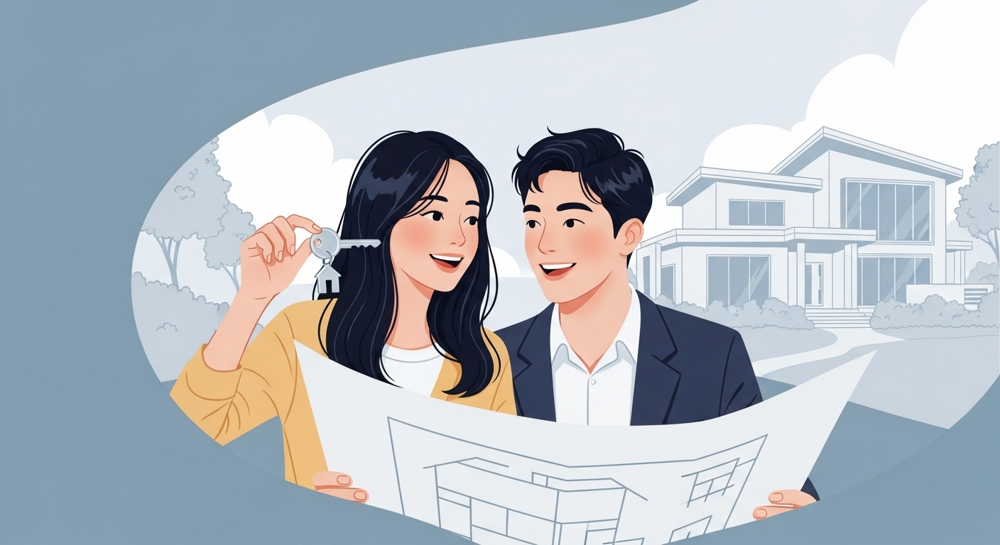 30대 한국인 신혼부부가 집 열쇠를 들고 미래를 바라보는 모습, 주택청약 전략을 통해 내 집 마련의 꿈을 이루는 희망찬 분위기.