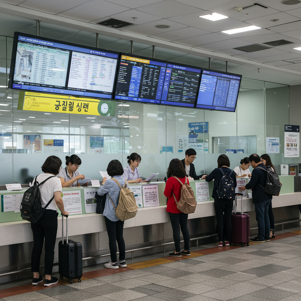 고속버스터미널에서 사람들이 버스표 환불 및 취소를 상담받는 실제 모습