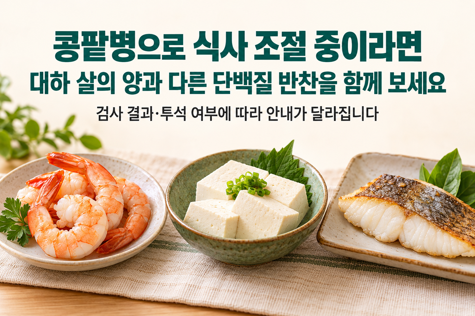 대하 살&middot;두부&middot;생선 반찬을 따로 놓고 개인별 단백질 식사 안내를 확인하도록 정리한 비교