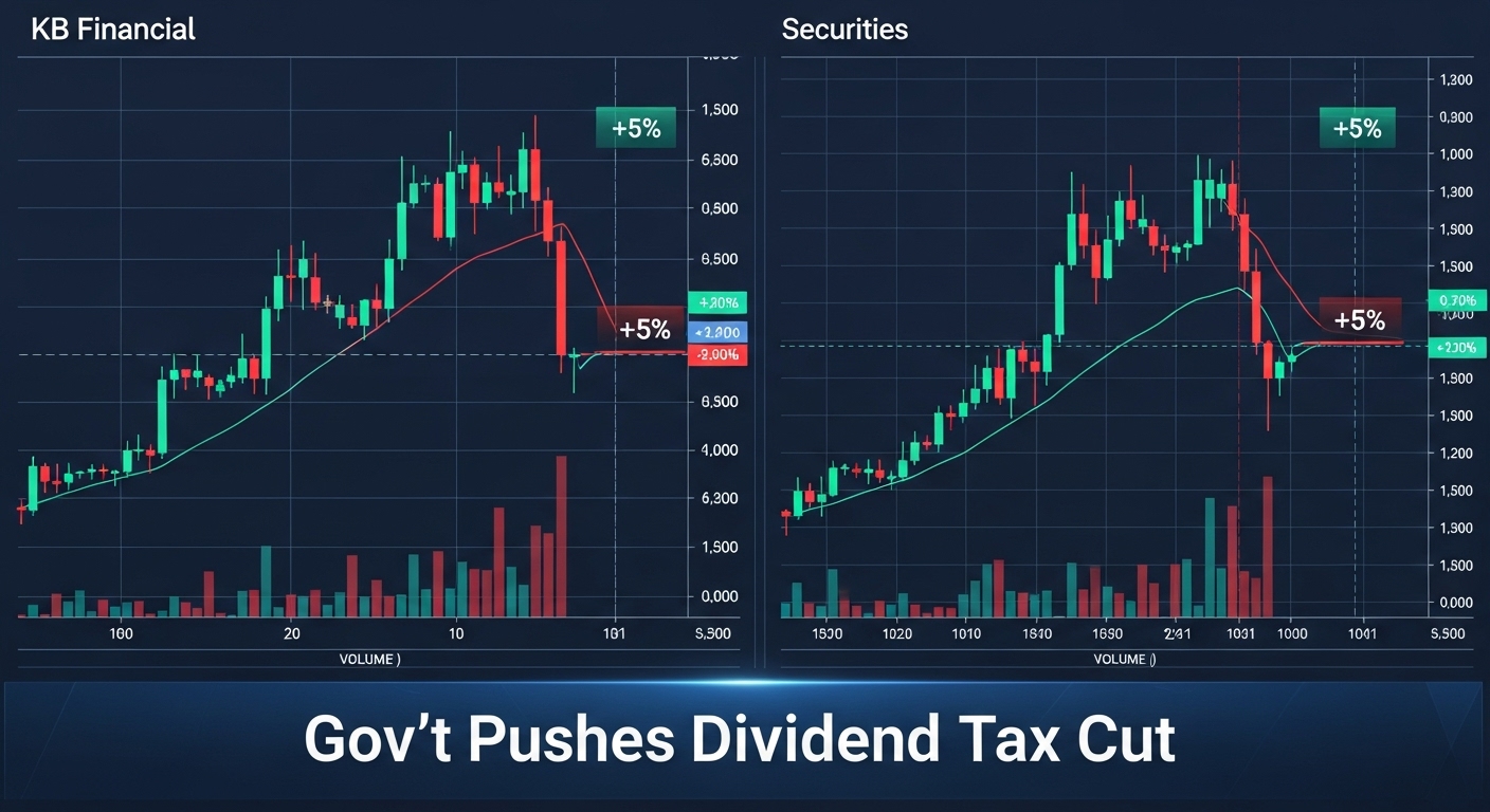 'KB금융', '키움증권' 등 은행/증권주 차트가 '배당세 인하' 뉴스와 함께 +5% 급등하는(빨간 장대 양봉) 모습