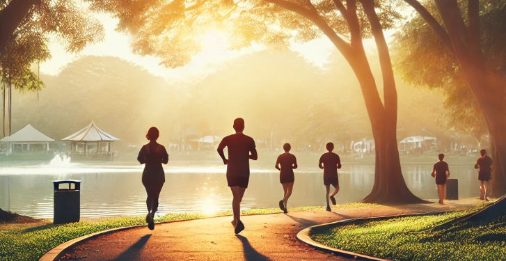 아침 햇살을 맞으면서 사람들이 호수공원에서 조깅을 하고 있다