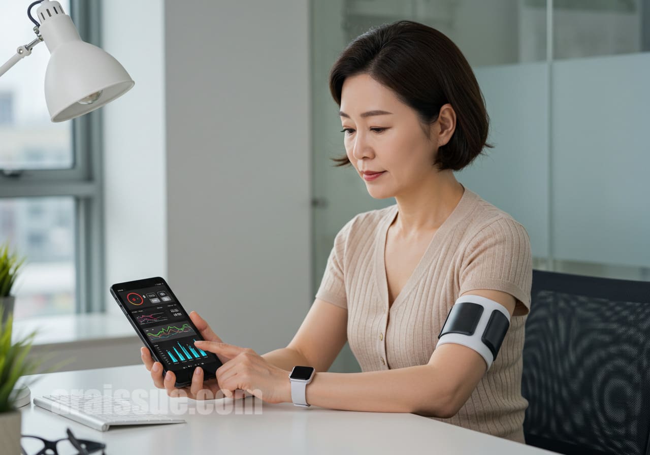 현대적인 사무실에서 스마트워치를 사용해 건강 상태를 모니터링하는 40대 한국 여성. 손목에 스마트 기기를 착용하고, 화면에 표시된 건강 데이터.