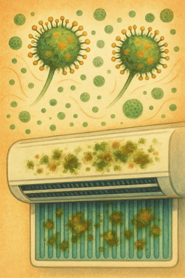 에어컨 내부 냉각핀에 곰팡이가 피어 있고, 공기 중에 퍼지는 포자와 마이코톡신 입자를 부드러운 일러스트로 표현한 감성적 그래픽