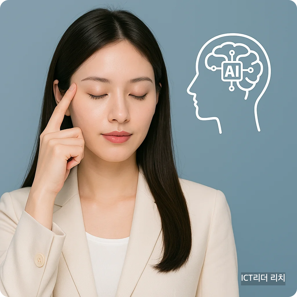 눈을 감고 사고하는 모습을 표현한 20대 여성과 AI 두뇌 그래픽